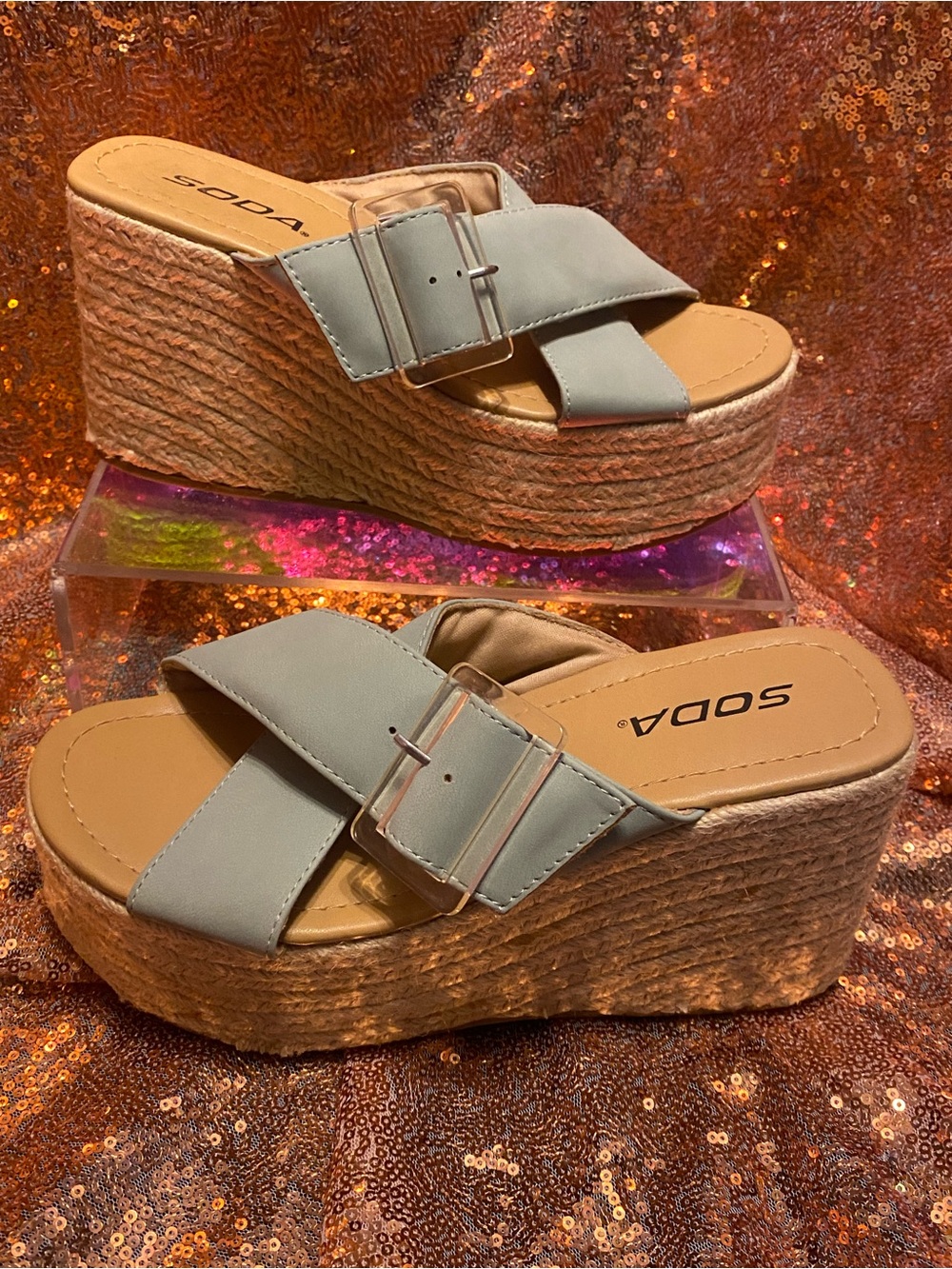 Soda "Pilar" Sage Gray Crisscross Platform Wedge Sandals - Size 6.5